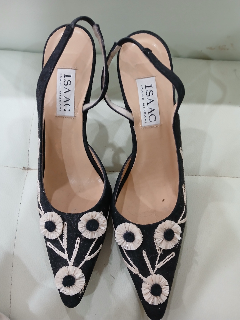Isaac Mizrahi Black Slingback Pointed-Toe Pumps with Cream Floral Accents